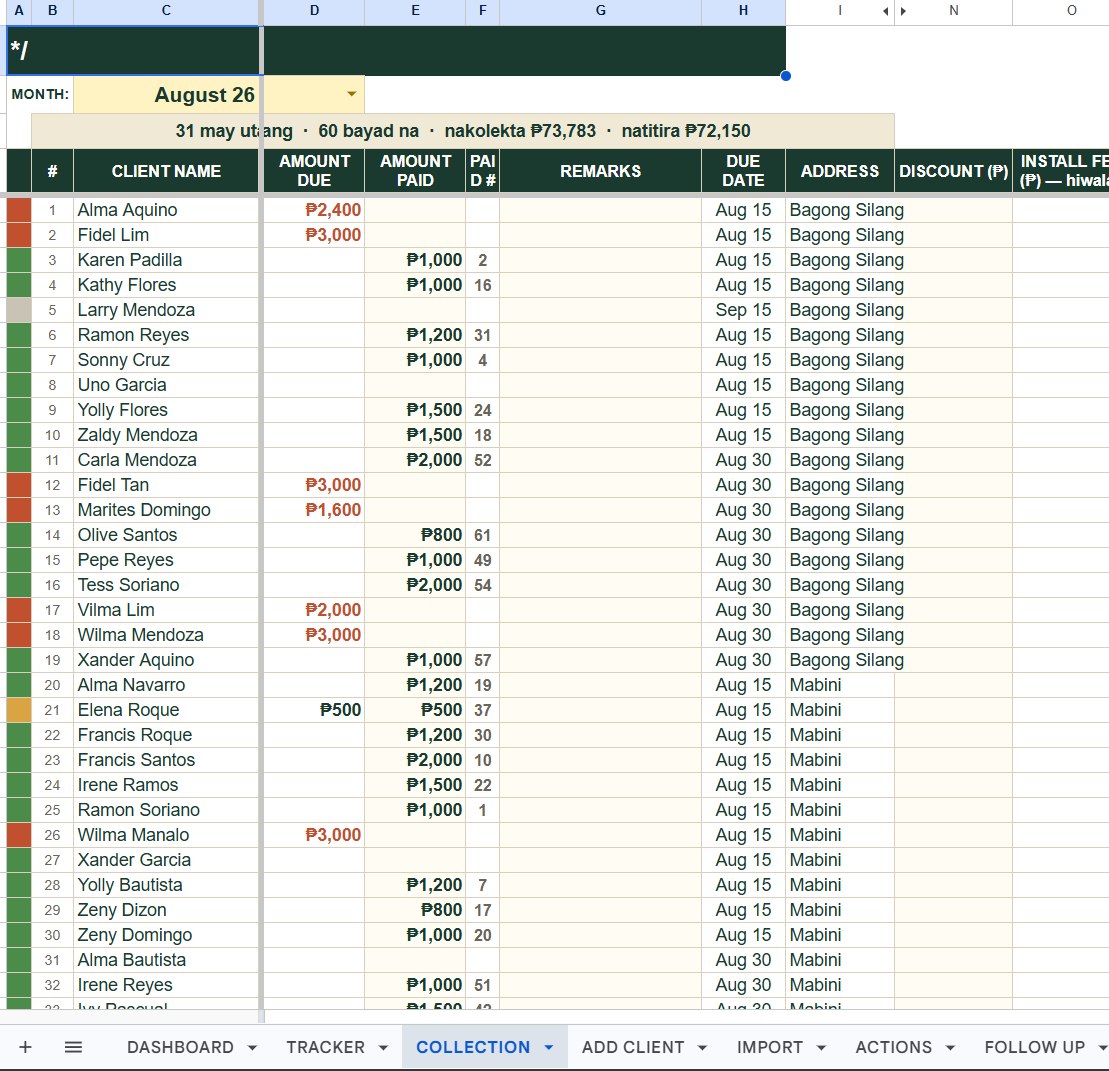 BayadTrack collection sheet showing monthly client payment recording using fictional demo data
