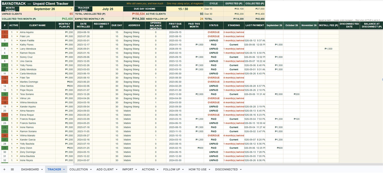 BayadTrack client tracker showing payment status and balances using fictional demo data