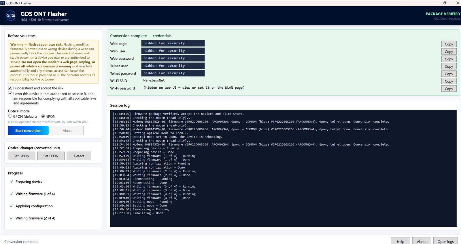 GDS ONT Flasher Windows application showing conversion controls, progress and GPON EPON options